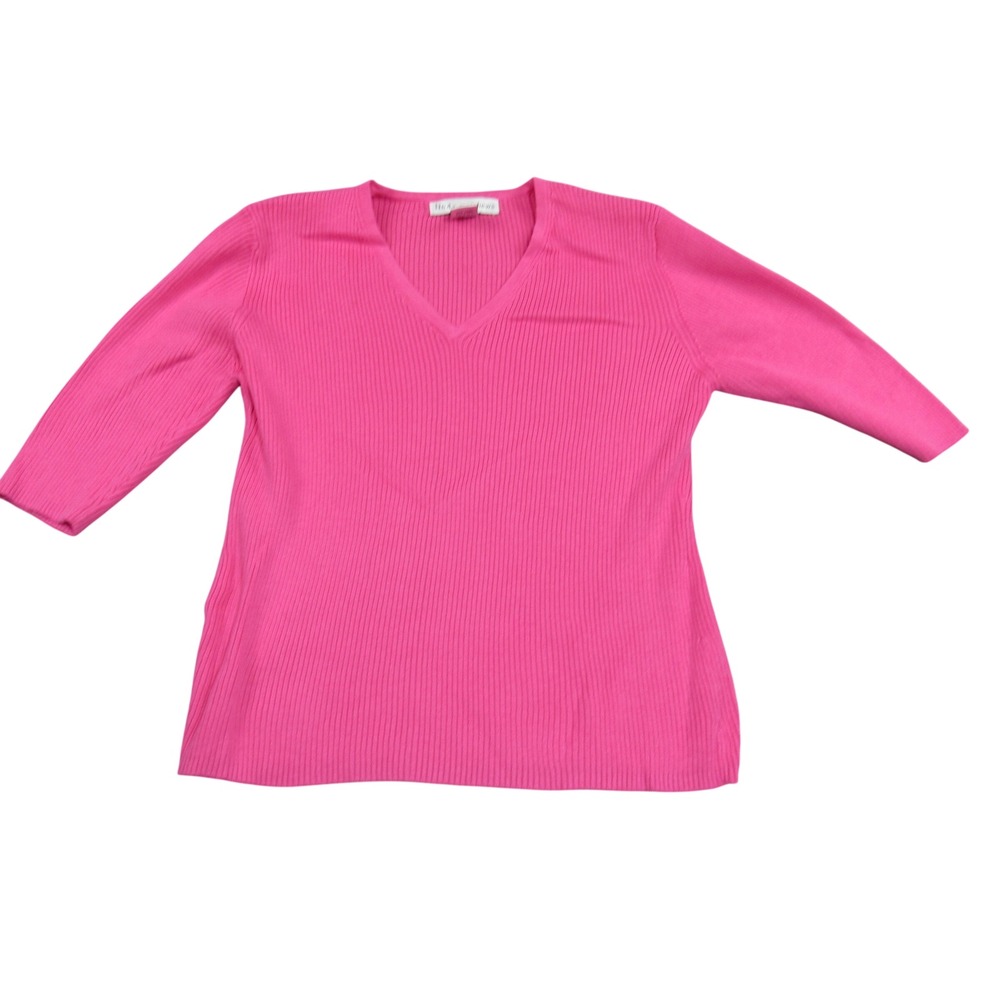 Linda Matthews Womens Hot Pink Ribbed V-Neck 3/4 Sleeve Cotton Sweater Large NEW